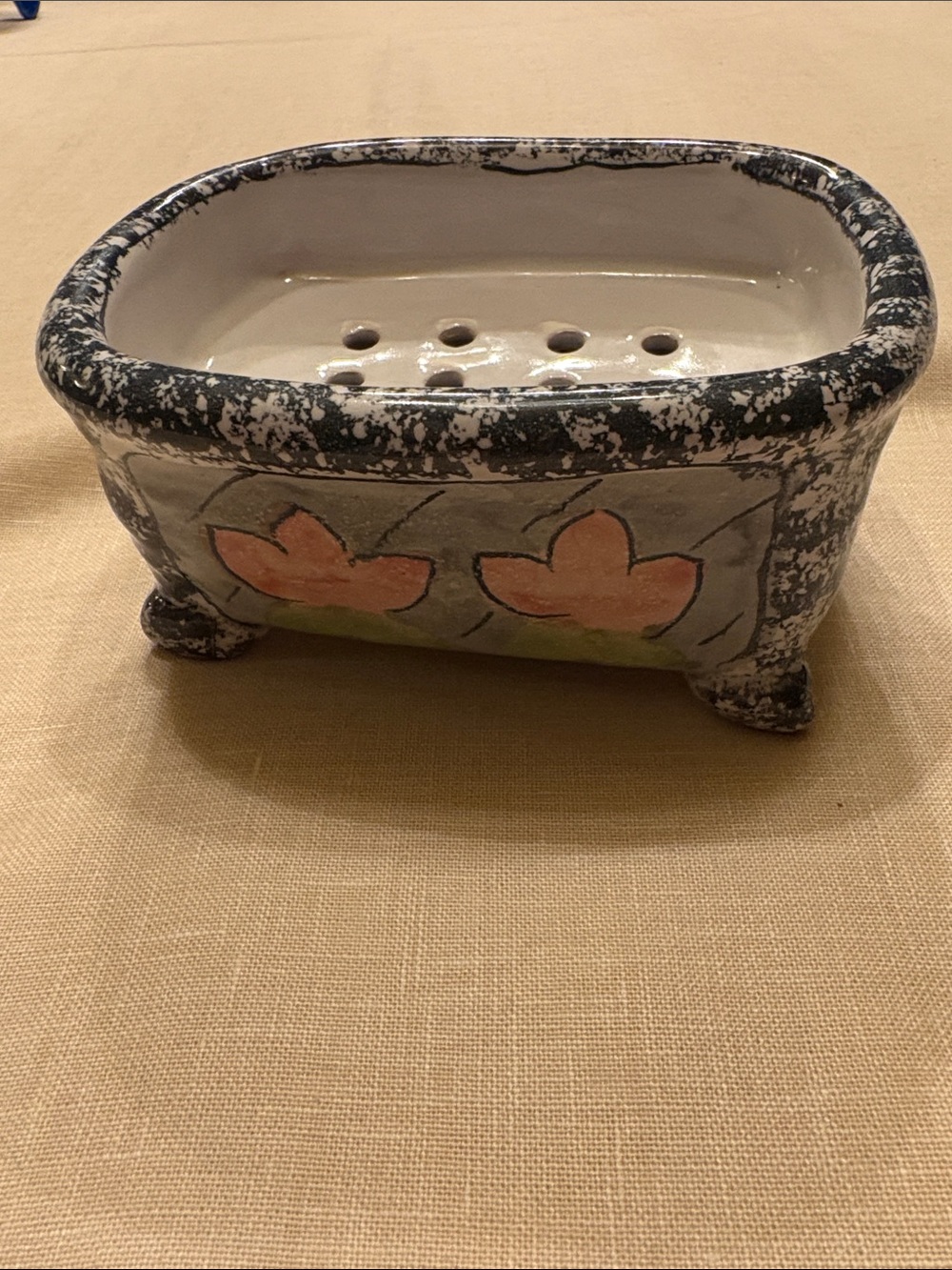 Handcrafted Ceramic Soap Dish in White and Black with Pink Floral Accents